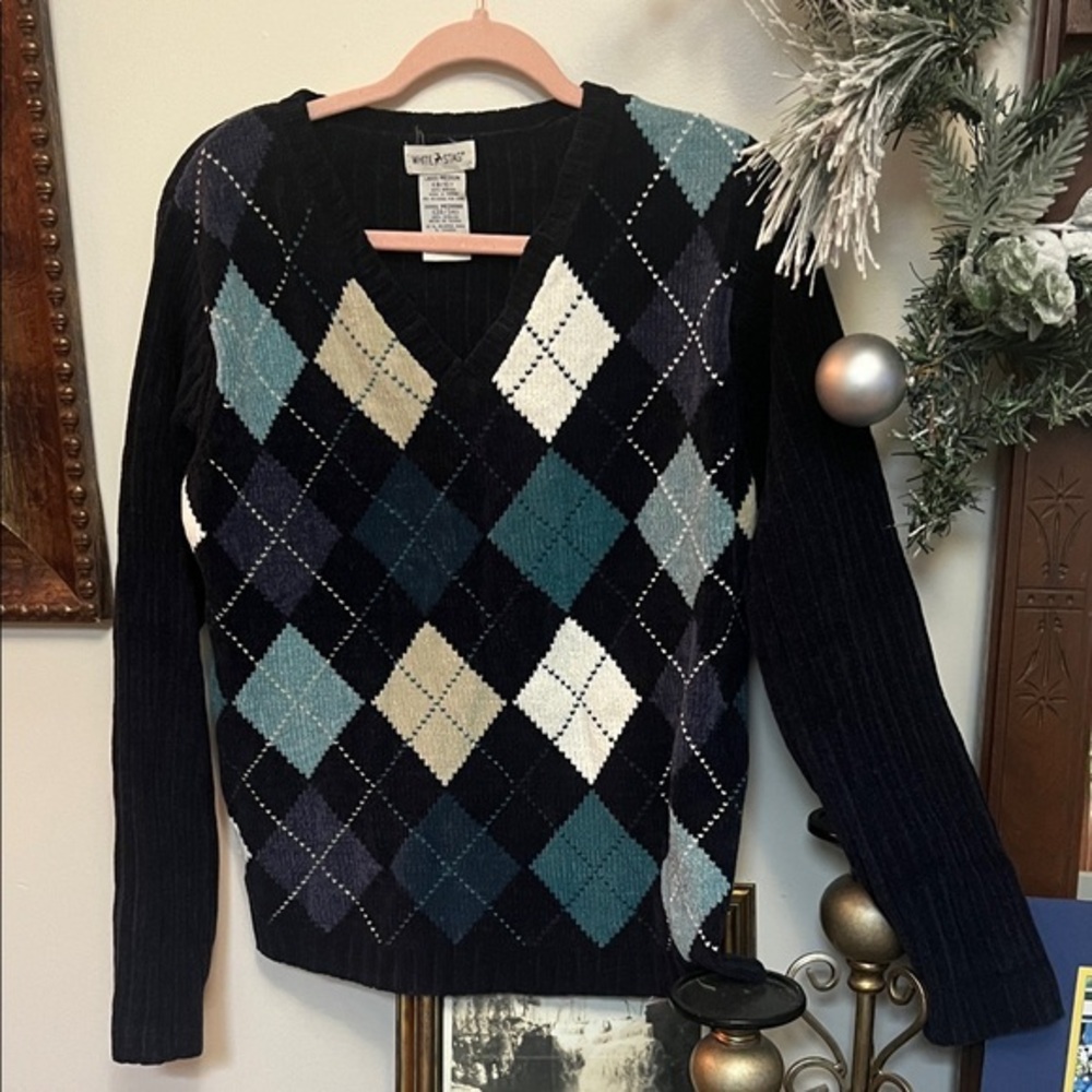 Vintage White Stag Green and Blue Argyle Sweater so soft